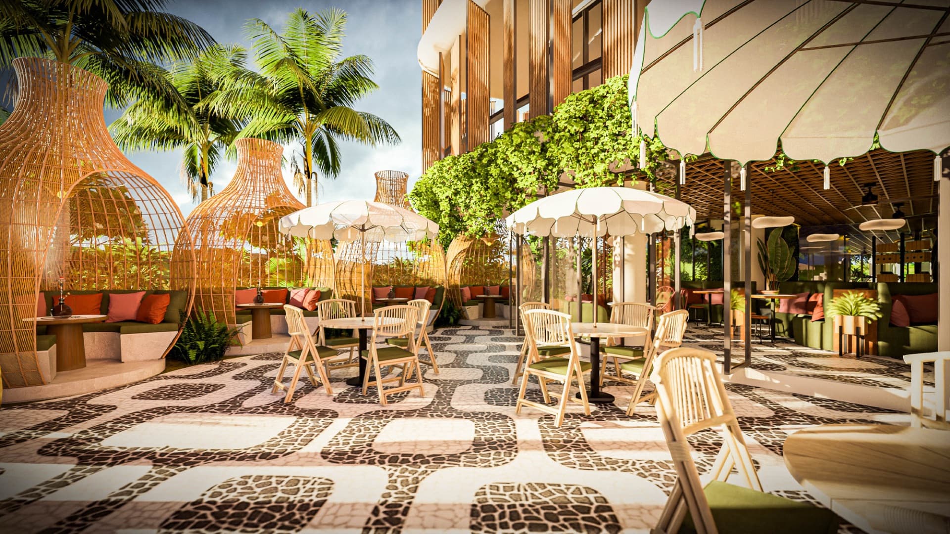 SLC courtyard terrace with shaded dining under palms