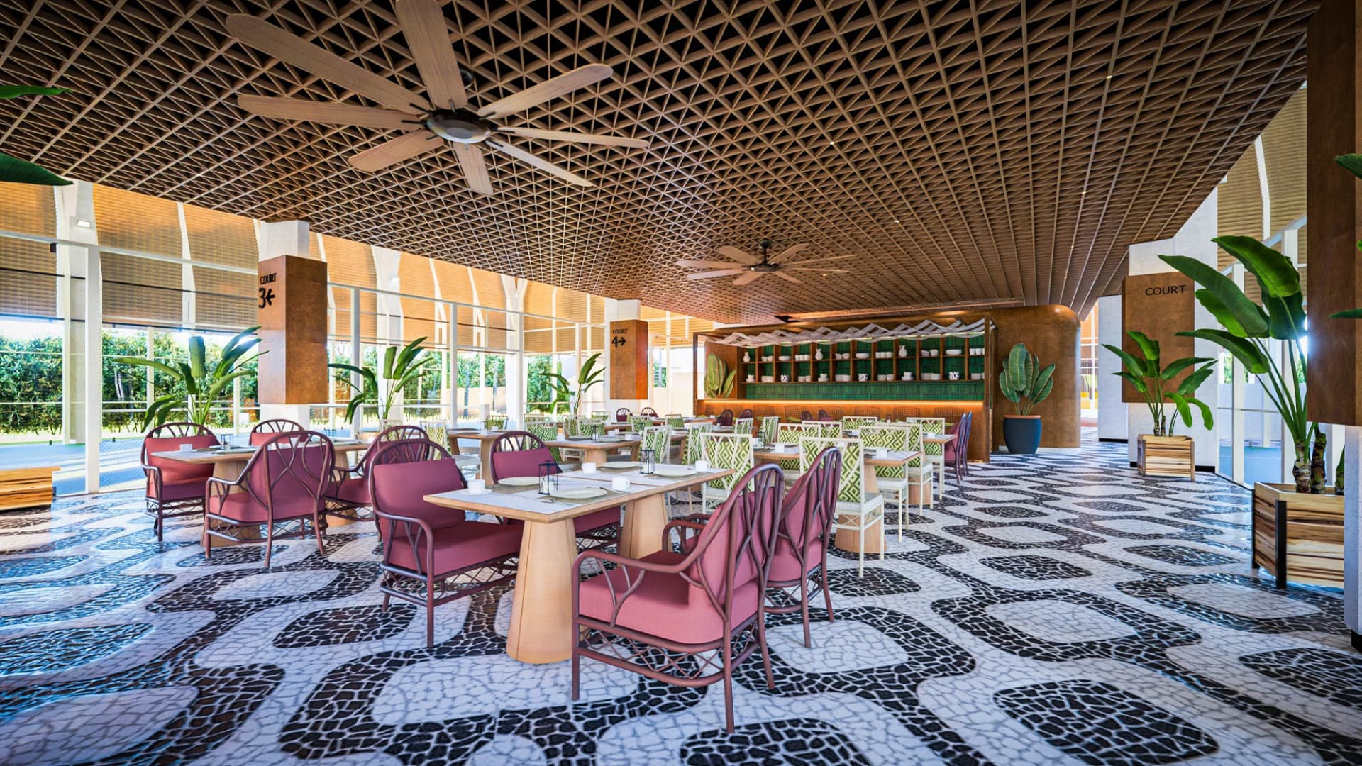 SLC restaurant with woven ceiling and long communal tables