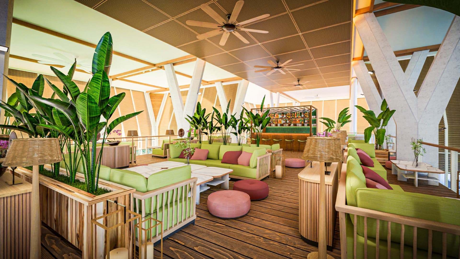 Rooftop lounge at SLC with sage seating and open-air bar