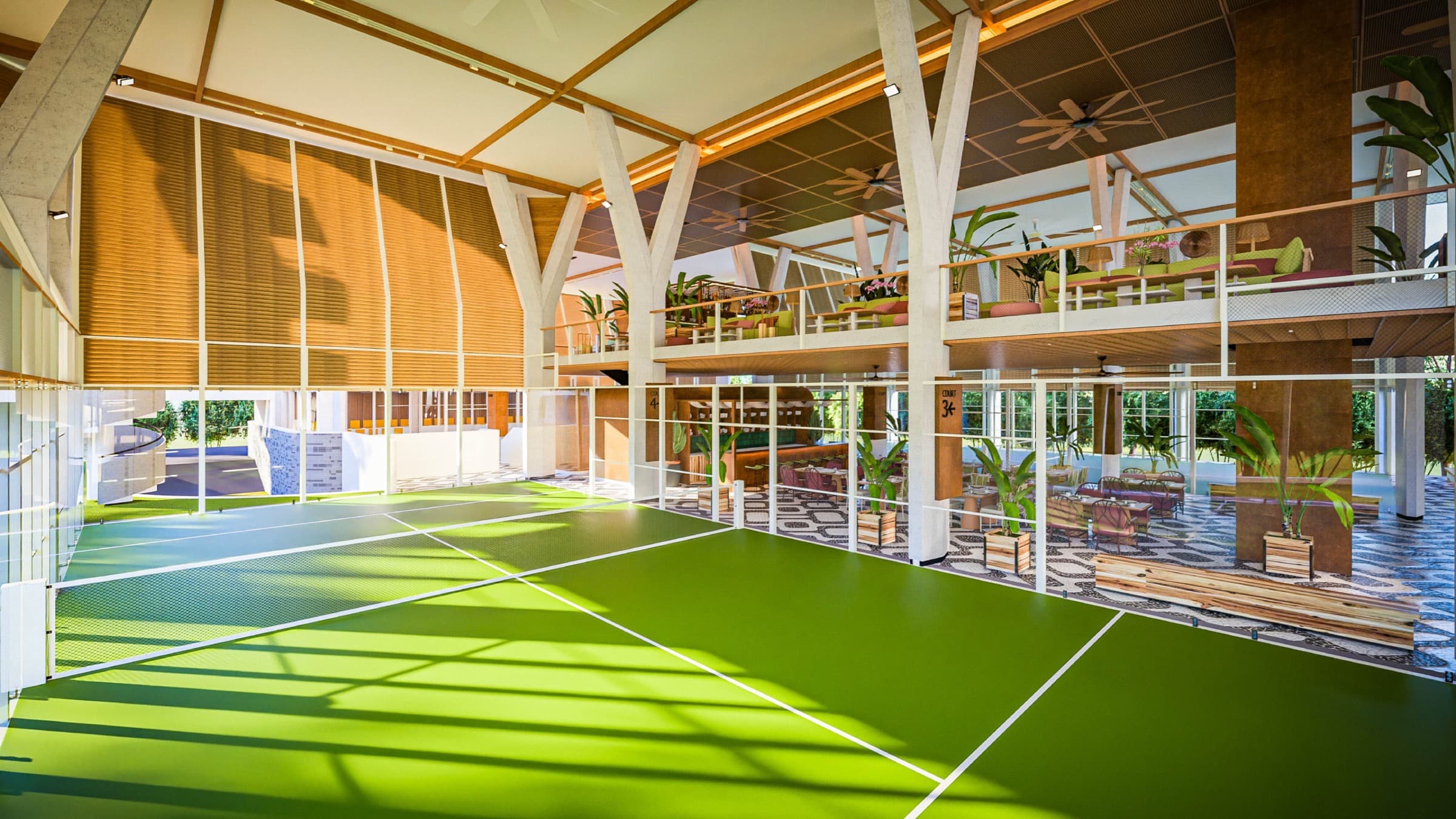Lapangan padel di SLC Seminyak dengan santap mezanin di atasnya — struktur kayu, tanaman rimbun, dan permukaan lapangan yang cerah
