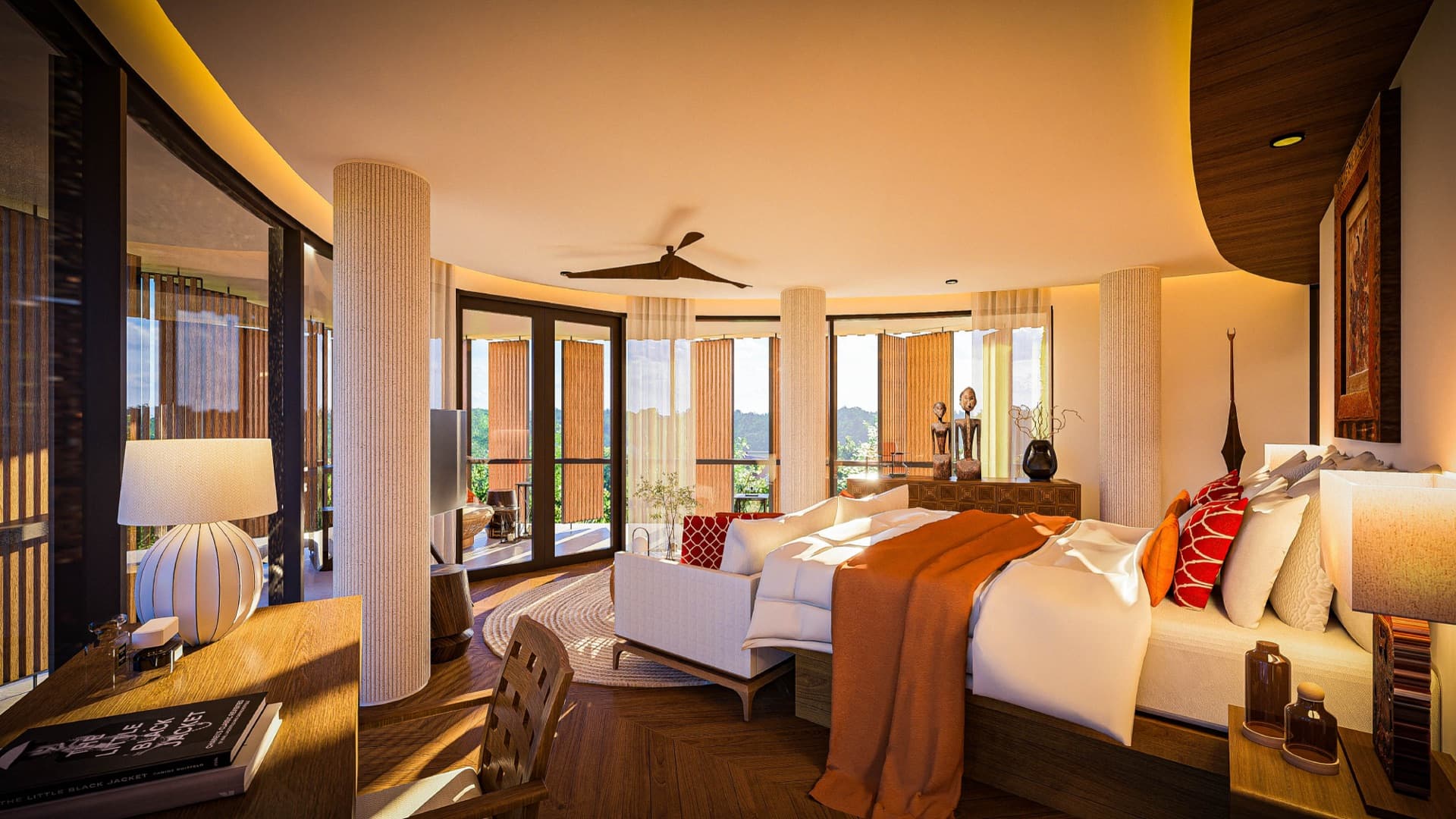 Signature suite bedroom with wraparound windows and evening light