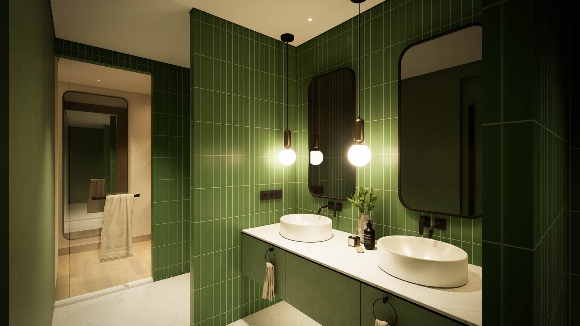 Suite bathroom detail with green-tiled walls and twin basins