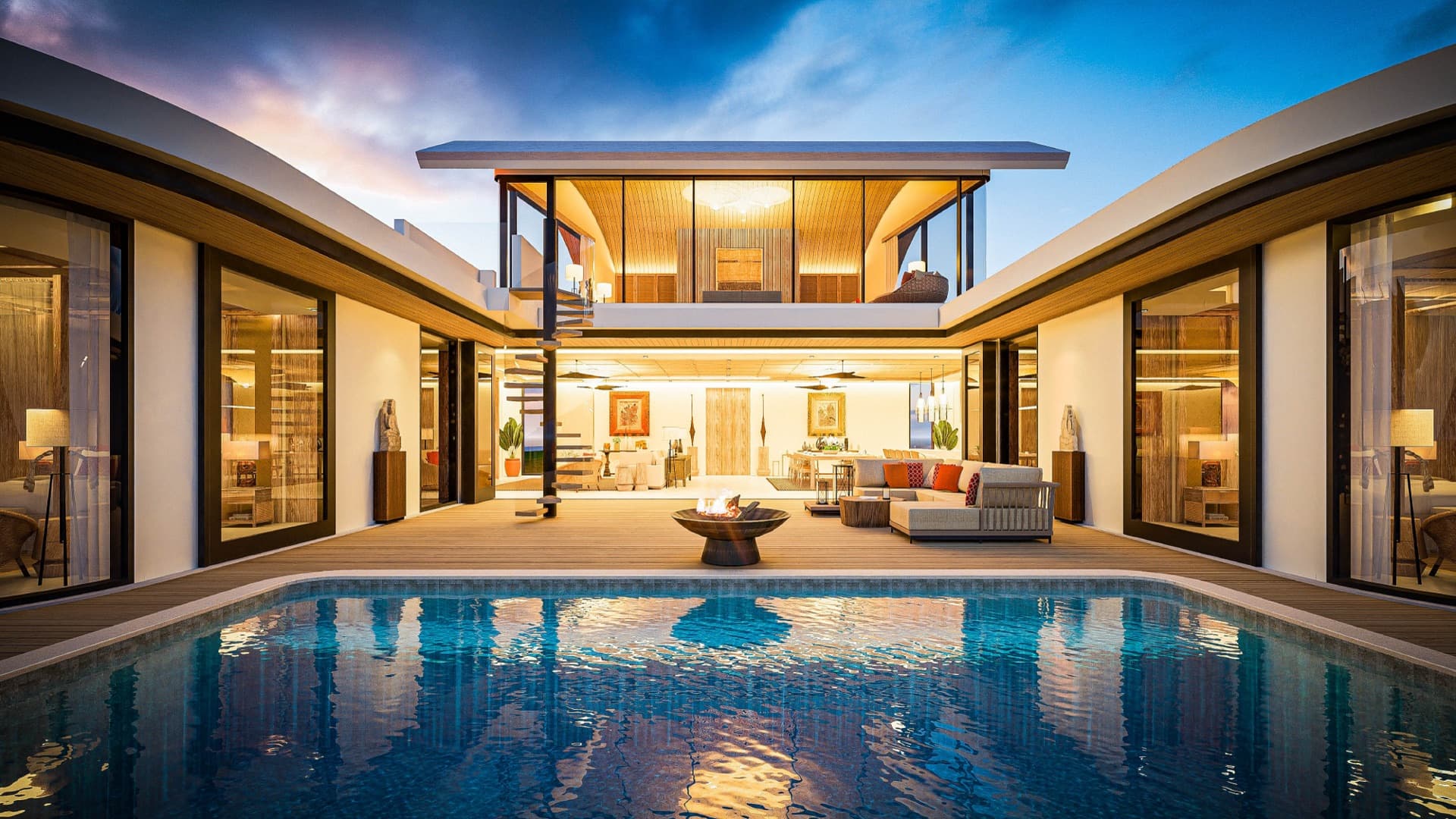Penthouse private pool terrace at twilight