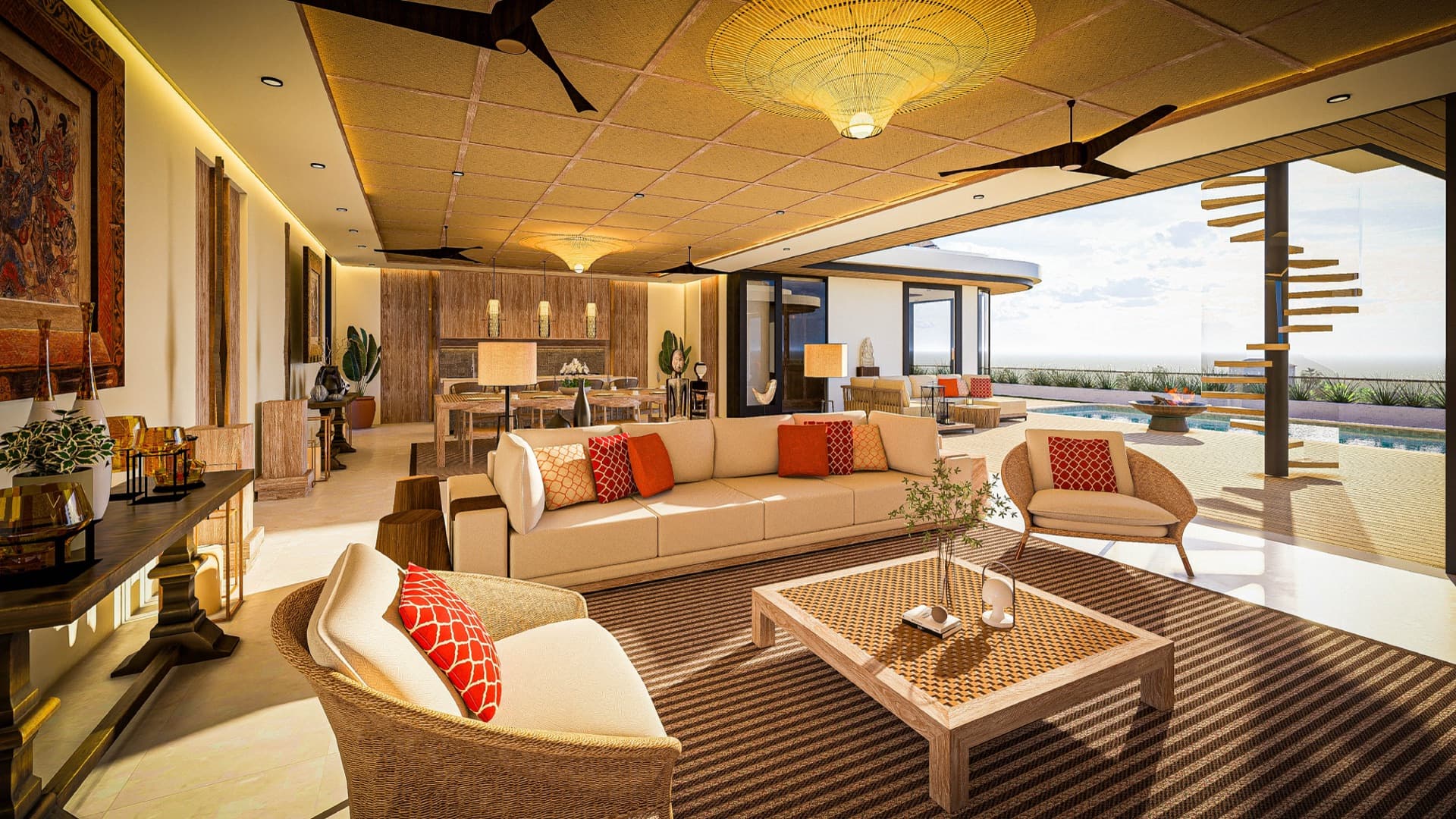 Penthouse living area opening to pool and Seminyak views