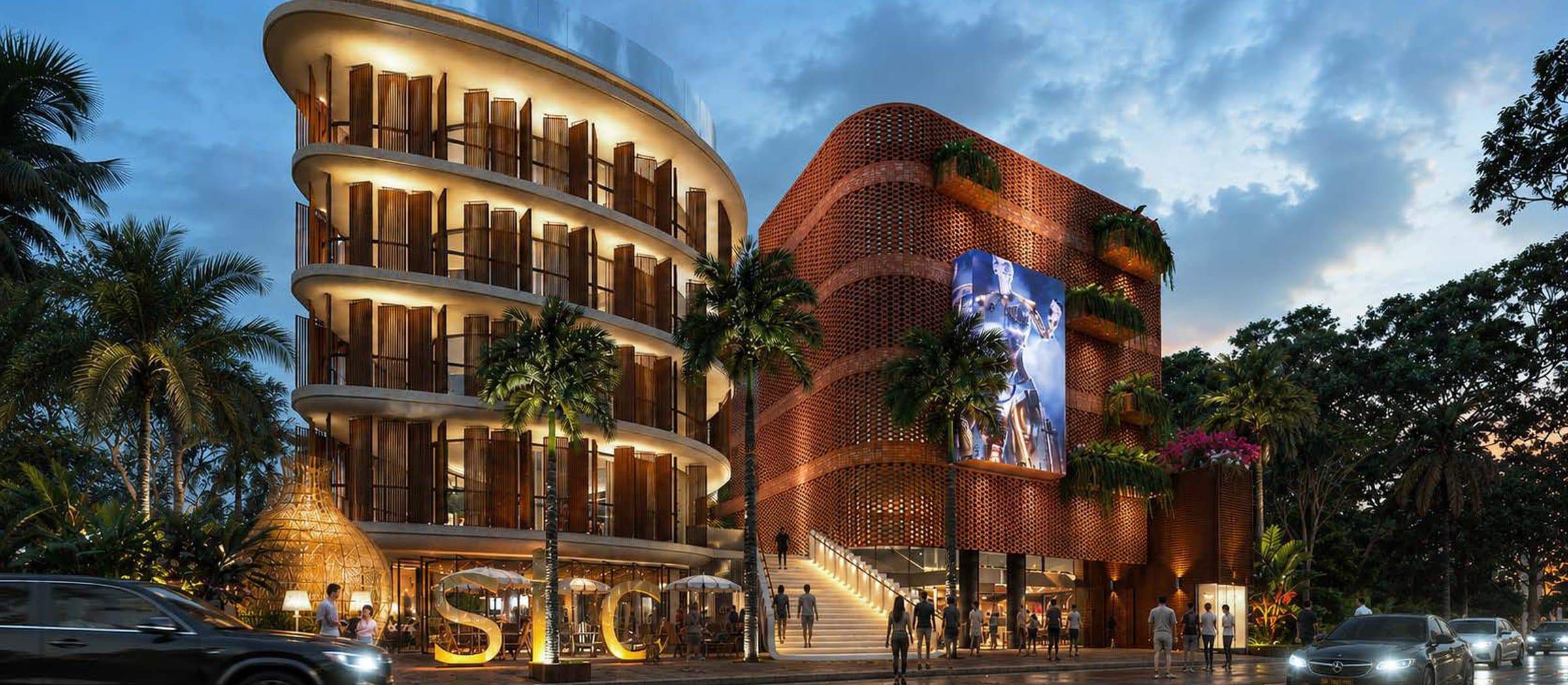Esterno di SLC Seminyak al crepuscolo — destinazione lifestyle contemporanea a Bali