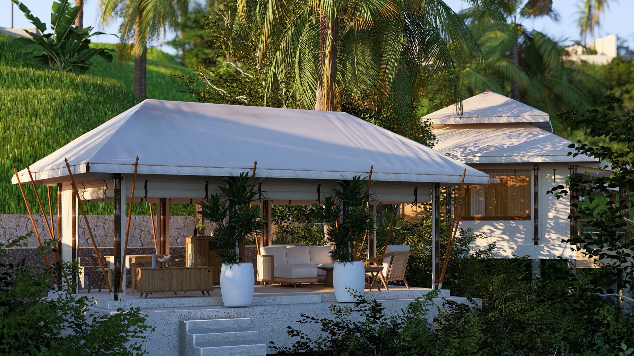 Reception and spa pavilion surrounded by rice fields