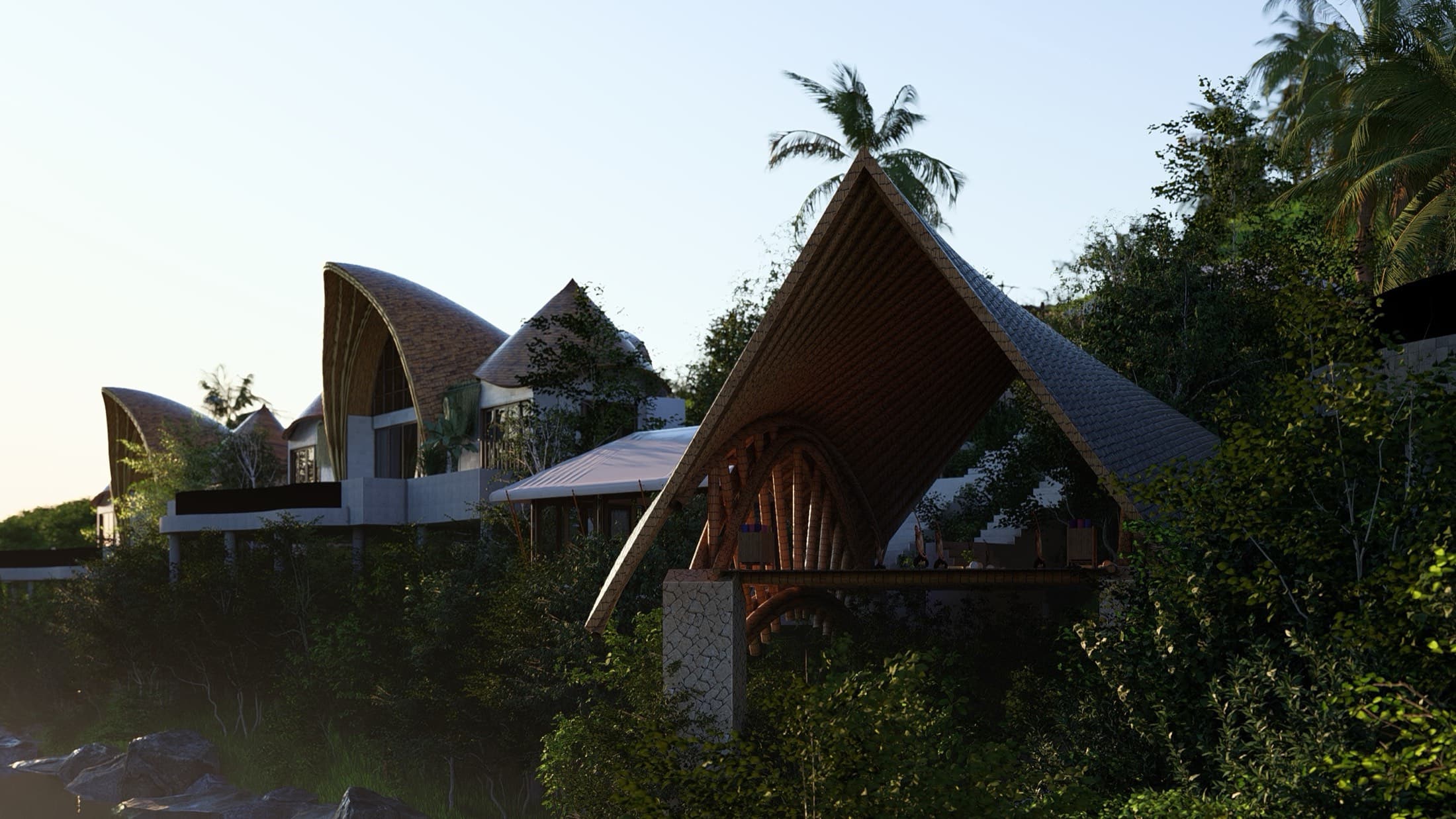 Yoga shala with bamboo architecture nestled in tropical gardens