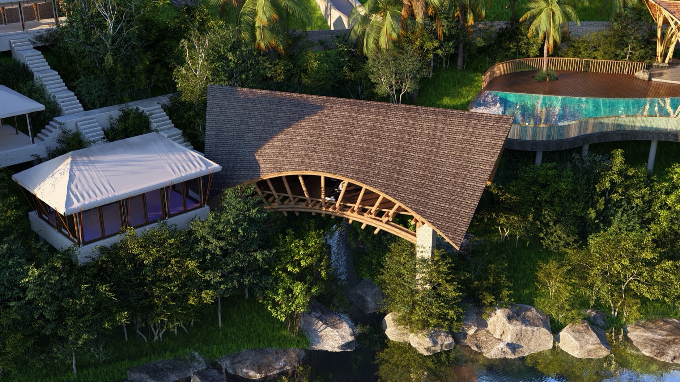 Yoga shala interior with open bamboo structure